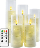 Flameless LED Candles with Timer 5 Pc Flickering Flameless Candles for Romantic Ambiance and Home Decoration Stable Acrylic Shell,with Embedded Star String，Battery Operated Candles（Red）