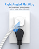Flat Plug Extension Cord with 3 Outlets - 10 ft White Low Profile Indoor 3 Prong Grounded Power Strip for Home Office & Travel - 16/3 AWG, 13A/1625W