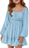 Batermoon Girls Long Sleeve Tie Back Dress Kids Fall Square Neck A-Line Mini Dresses 5-14 Years