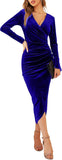 Women's V Neck Wrap Sexy Velvet Long Sleeve Elegant Bodycon Ruched Cocktail Party