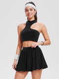 Airfree 2 Piece Sets for Women Tennis Skirt Set Mock Neck Sports Bra Irregular Crop Tank Bubble Skirt Outfits Set