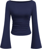 7DAY'S Women's Long Sleeve Shirts 2025 Fall Crop Going Out Tops Casual Boat Neck Bell Sleeve Ribbed Ruched Y2K Clothes