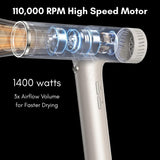 Hypersonic Hair Dryer | 110,000 RPM High-Speed Ionic Blow Dryer with 500 Million Negative Ions | No Heat Damage, Low Noise, 5 Attachments for All Hair Types