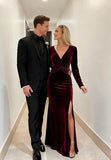 2026 V Neck Long Sleeve Bridesmaid Dresses for Women Velvet Pleated Corset Formal Gown SH005