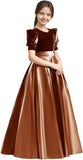 Velvet Flower Girl Dresses A-Line Pageant Princes Satin Ball Gowns with Bow Long Puffy Sleeve First Communion Dress