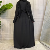 FPOVFPO Women's Muslim Abaya Dress - One-Piece V Neck Belt Tie Islamic Full Length Kaftan Daily Casual Dress