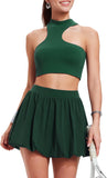 Airfree 2 Piece Sets for Women Tennis Skirt Set Mock Neck Sports Bra Irregular Crop Tank Bubble Skirt Outfits Set