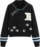CIDER Cardigan Sweater for Women Knitted Long Sleeve Collared Cat Cute Pattern Button Down Crop Tops