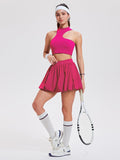 Airfree 2 Piece Sets for Women Tennis Skirt Set Mock Neck Sports Bra Irregular Crop Tank Bubble Skirt Outfits Set