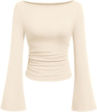 7DAY'S Women's Long Sleeve Shirts 2025 Fall Crop Going Out Tops Casual Boat Neck Bell Sleeve Ribbed Ruched Y2K Clothes