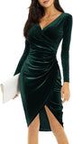 Women's V Neck Wrap Sexy Velvet Long Sleeve Elegant Bodycon Ruched Cocktail Party
