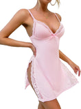 Sexy Split Side Floral Lace Trim Full Slip Night Gown Babydoll Lingerie Dress with Thong 2 piece