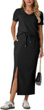 GRECERELLE Women Summer Casual 2 Piece Sets V-Neck Wrinkle-Free Top & Elastic Waist Midi Side Slit Skirt with Pockets(XS-3XL)
