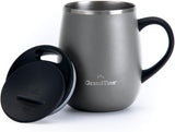 GRANDTIES Insulated Coffee Mug with Handle–Sliding Lid for Splash-Proof 16oz Wine-Glass Shape Thermal Tumbler with Double Walled Vacuum Stainless Steel to Keeps Beverages Hot or Cold-Cognac Metallic