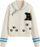 CIDER Cardigan Sweater for Women Knitted Long Sleeve Collared Cat Cute Pattern Button Down Crop Tops