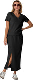 GRECERELLE Women Summer Casual 2 Piece Sets V-Neck Wrinkle-Free Top & Elastic Waist Midi Side Slit Skirt with Pockets(XS-3XL)