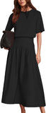 Bozanly Summer Two Piece Outfits Skirts Set for Women Crewneck Short Sleeve Tee and Midi Skirt Sets Dresses