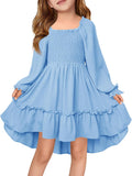 Haloumoning Girls Lantern Long Sleeve Dresses Kids Square Neck High Low Hem Smocked Fall Dress 5-14 Years