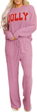 Women Pajamas Set Loungewear Ribbed Long Sleeve Top and Pants with Pockets Lounge Sweatsuit Set