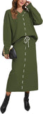 Pink Queen 2025 Women's 2 Piece Sweater Set V Neck Rib Knit Long Sleeve Maxi Bodycon Skirt Casual Outfits