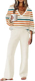 ETCYY NEW Womens 2 Piece Outfits Sweater Lounge Set Casual V Neck Knit Pajama Set Long Sleeve Top Wide Leg Pants Loungewear