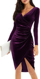 Women's V Neck Wrap Sexy Velvet Long Sleeve Elegant Bodycon Ruched Cocktail Party