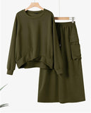 Women Spring Fall Sweatshirts Dress Sets Long Sleeve Hoodies Midi Skirt Two-Piece Set