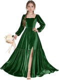 Long Sleeve Velvet Junior Bridesmaid Dresses Girls Holiday Dresses with Slit Christmas Maxi Dress Formal Party Gown
