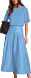 Bozanly Summer Two Piece Outfits Skirts Set for Women Crewneck Short Sleeve Tee and Midi Skirt Sets Dresses