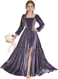 Long Sleeve Velvet Junior Bridesmaid Dresses Girls Holiday Dresses with Slit Christmas Maxi Dress Formal Party Gown