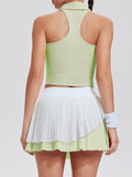 Airfree Tennis Skirt Sets for Women Outfits Lapel Collar Sleeveless Vests Patchwork Pleated Skirt Sets