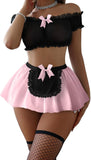 Sexy Stockings Mini Skirt Mesh Sheer Lace Halloween Costume Maid Outfit Lingerie with Thong Set 4 Piece