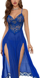 Sexy Split Mesh Lace Floral Sheer Babydoll Lingerie Outfit Dress 2 Piece with Thong Set