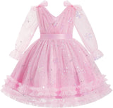IMEKIS Toddler Kids Girls Tulle Dress Floral Embroidery Sparkly Wedding Party Long Sleeve Fall Photo Shoot Outfit 2-8T