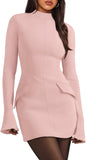 OFEEFAN Women's Fall Long Sleeve Mock Neck Dress Basic Party Club Bodycon Mini Dresses