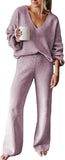 Viottiset Women's 2 Piece Outfits Casual V Neck Knit Wide Leg Sweater Lounge Set Sweatsuit
