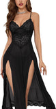 Sexy Split Mesh Lace Floral Sheer Babydoll Lingerie Outfit Dress 2 Piece with Thong Set