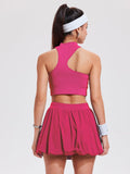 Airfree 2 Piece Sets for Women Tennis Skirt Set Mock Neck Sports Bra Irregular Crop Tank Bubble Skirt Outfits Set