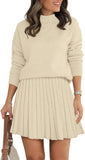 Women's Two Piece Outfits Turtleneck Long Sleeve Ribbed Knit Tops Pleated Mini Skirt 2025 Casual Sweater Sets