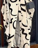 CHICME Women's 2 Piece Outfits 2025 Abstract Print Batwing Sleeve V Neck Top with High Slit and Loose Wide Leg Pants Set