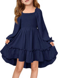 Haloumoning Girls Lantern Long Sleeve Dresses Kids Square Neck High Low Hem Smocked Fall Dress 5-14 Years