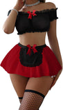 Sexy Stockings Mini Skirt Mesh Sheer Lace Halloween Costume Maid Outfit Lingerie with Thong Set 4 Piece