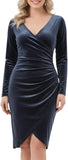 Aphratti Women's Velvet Dress Long Sleeve Wrap V Neck Split Ruched Bodycon Cocktail Party Fall Dresses for Wedding Guest 2025
