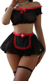 Sexy Stockings Mini Skirt Mesh Sheer Lace Halloween Costume Maid Outfit Lingerie with Thong Set 4 Piece