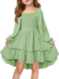 Haloumoning Girls Lantern Long Sleeve Dresses Kids Square Neck High Low Hem Smocked Fall Dress 5-14 Years