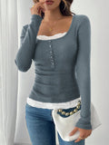 Women's Lace Stitching Crew Neck T-shirt Top