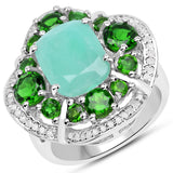 5.49 Carat Genuine Emerald, Chrome Diopside and White Diamond .925 Sterling Silver Ring
