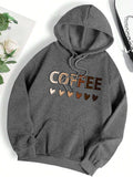 Casual Hooded Sweatshirt With Coffee-themed Lettering Print