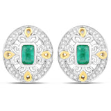 0.69 Carat Genuine Zambian Emerald and White Diamond .925 Sterling Silver Earrings