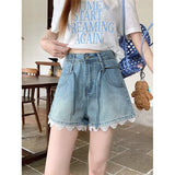 Plus-size Lace-trimmed High-waisted Denim Shorts